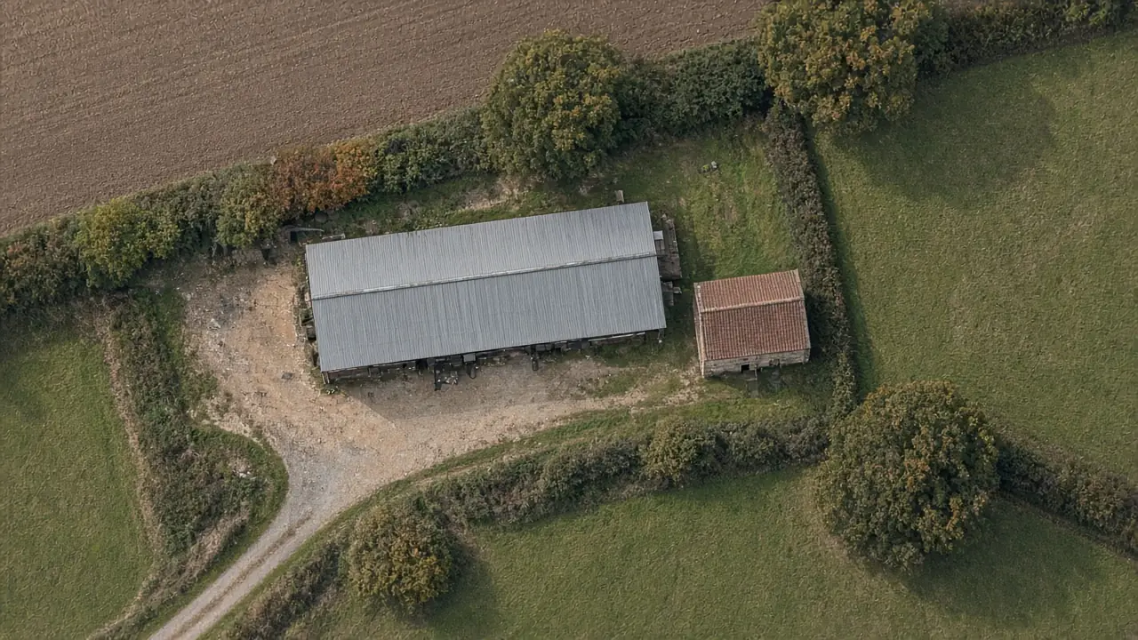 Aerial photo of a sample farm near Stamford: a long steel barn on a gravel yard, a small stone store, hedgerows and fields.